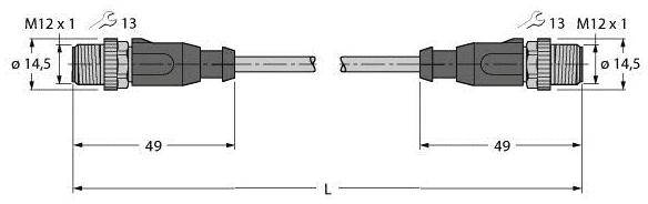 Zwei M12 x 1 Steckverbinder mit einem Durchmesser von 14,5 mm und einer Länge von je 49 mm. Verbindendes Kabel dazwischen.