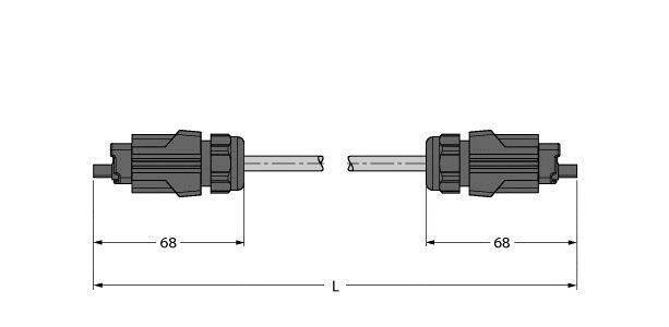 Zwei Steckverbinder mit einer Maßangabe von 68 mm zwischen den Enden, getrennt durch eine variable Länge 'L'.