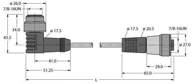 Zeichnung eines Steckers mit Maßen. Linke Ansicht zeigt 7/8-16UN Anschluss, Länge 51,25 mm. Rechte Ansicht: Länge 65 mm, max. Durchmesser 27 mm.
