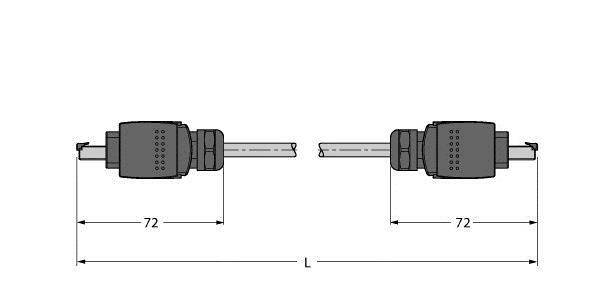 Diagramm zeigt zwei gleich lange Kabelstecker gegenüber, Länge jeweils 72 mm, Abstand zwischen ihnen 'L'.