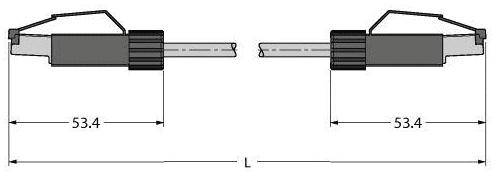 Zwei identische Steckverbinder nebeneinander. Jeder Steckverbinder ist 53,4 mm lang. Dazwischen ist ein variabler Abstand 'L'.