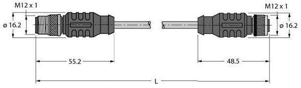 Verbindungsdiagramm eines Kabels mit zwei M12-Steckverbindern, zeigt Abmessungen: 55,2 mm und 48,5 mm, Durchmesser 16,2 mm.