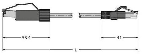 Technische Zeichnung von zwei Steckern mit Längenbeschriftung. Linker Stecker: 53,4 mm; rechter Stecker: 44 mm; Gesamt: L.