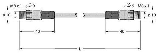 Diagramm zeigt zwei M8-Stecker mit Kabel, die 40mm Abstand haben. Beschriftet: 'M8 x 1', Kabeldurchmesser ø10, Gesamtlänge L.