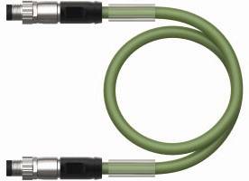 Grünes Kabel mit Metallsteckern an beiden Enden, das zu einem Kreis geformt ist.