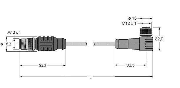Zeichnung eines M12-Steckers mit Abmessungen: 55,2 mm Länge, 16,2 mm Breite. Andere Ansicht zeigt Länge 33,5 mm, Durchmesser 15 mm.
