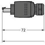 Diagramm einer quadratischen Komponente mit seitlichem Stecker. Beschriftet mit '72' für die Breite in Millimetern.