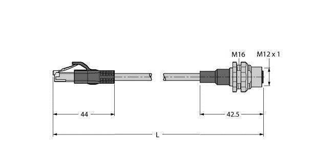 Diagramm einer Kabelverbindung mit Längenangaben. Links Kabel mit Steckanschluss, rechts Schraubverbindung mit Maßen M16 und M12×1.