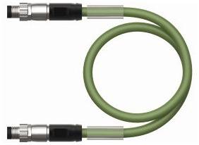 Grünes Kabel mit zwei silber-schwarzen Steckern an den Enden, in einer Schleifenform angeordnet.