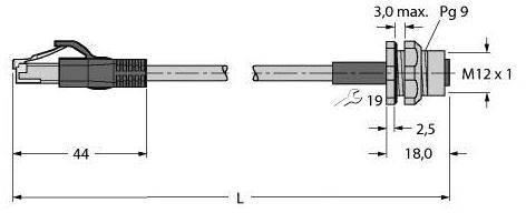 Technische Zeichnung eines Steckverbinders mit Maßen: Gesamtlänge 44 mm links, 3 mm Durchmesser rechts, Gewinde M12 x 1.