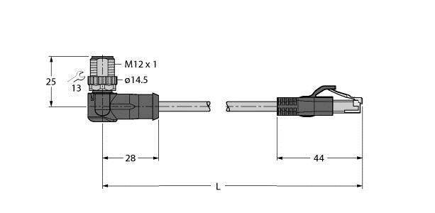 Technische Zeichnung eines Steckverbinders M12 x 1, Seitenansicht links mit 28 mm Länge, Draufsicht rechts mit 44 mm Länge.