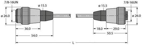 Technische Zeichnung von zwei elektrischen Steckverbindern, links und rechts dargestellt, mit detaillierten Längen- und Durchmesserangaben.