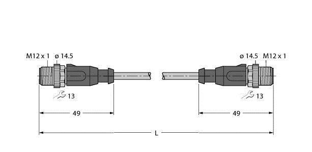Abbildung von zwei technischen Steckern, beide M12 x 1, mit einem Durchmesser von 14,5 mm. Die Länge von jedem Stecker bis Kabelende beträgt 49 mm.