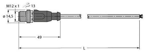 Stecker M12 x 1 mit Kabel, Seitenansicht. Durchmesser 14,5 mm, Länge 49 mm. Markierung bei 13 mm. Kabel 'L' gibt eine variable Länge an.