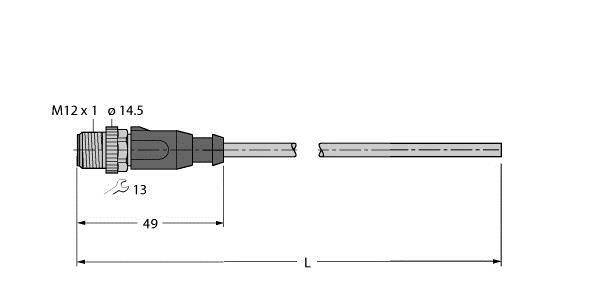 Diagramm eines M12-Steckers mit Abmessungen: 14,5 mm Durchmesser, Länge des Steckers 49 mm, Kabel mit festgelegter Länge L.