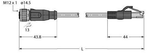 Montageanleitung eines Steckverbinders mit Maßen: M12x1, Durchmesser 14,5 mm, Länge 43,8 mm links und 44 mm rechts.
