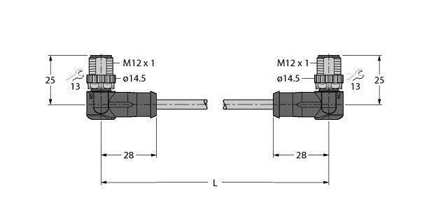 Technische Zeichnung von zwei Steckverbindern mit M12 x 1 Maßen, Kabellänge 'L', Durchmesser ø14,5, Gesamtlänge 28, Höhenmaße angegeben.