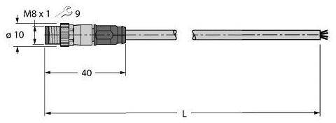 Das Bild zeigt eine technische Zeichnung eines Steckers mit Maßen. Links ist der M8 x 1 Stecker mit 9 mm Verbindung, Länge des Kabels beträgt 40 mm.