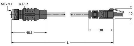 Technische Zeichnung eines zylindrischen Steckverbinders mit Abmessungen: Länge 48,5 mm und 38 mm, Durchmesser 16,2 mm, M12 Gewinde.