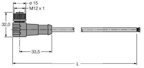 Technische Zeichnung eines M12-Steckers mit Maßen: Durchmesser 15 mm, Länge 33,5 mm und Breite 32 mm. Kabelanschluss rechts.
