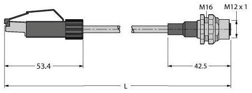 Technische Zeichnung eines Steckverbinders mit Abmessungen. Links: 53,4 mm, rechts: 42,5 mm. Anschlussgewinde: M16 und M12 x 1.