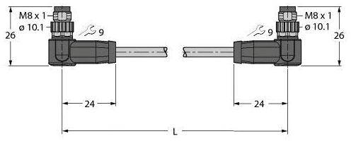Technische Zeichnung eines Winkelsensors mit den Maßen: links und rechts 26 Höhe, 24 Länge, Anschluss M8 x 1, Löcher 9 mm.