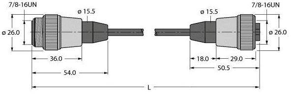 Zwei Steckverbinder mit Gewinde 7/8-16UN, jeweils 54 mm lang, 26 mm Durchmesser. Abstand zwischen Steckverbindern beträgt L.