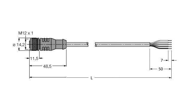 Technische Zeichnung eines Kabels mit M12-Stecker. Maße: Stecker 48,5 mm, Kabel 50 mm plus 7 mm ohne Isolierung. Markierung: M12 × 1.