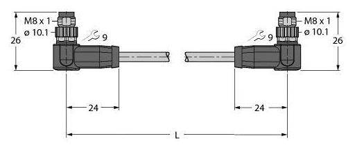 Technische Zeichnung von zwei Winkelsensorköpfen gegenüberliegend, Maßangaben für Länge (L), Breite (24 mm) und Höhe (26 mm).