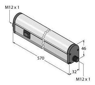 Abbildung einer lampe mit M12 x 1 Anschlüssen an beiden Enden. Maße: 570 mm Länge, 46 mm Höhe, 32 mm Breite.