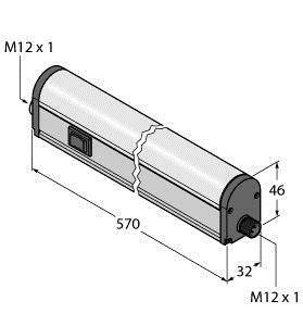 Technische Zeichnung einer zylindrischen Komponente mit den Maßen: Länge 570 mm, Breite 32 mm, Höhe 46 mm. Anschlüsse M12 x 1.