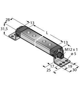 Diagramm eines LED-Lichts mit Maßen in Millimetern. Markierungen für Montagepunkte, Kabeldurchmesser und Anschlussdetails sind angegeben.
