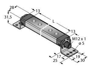 Technische Zeichnung einer rechteckigen LED-Leuchte mit Maßen. Seiten- und Basislänge, Höhe und Anschlussgröße sind angegeben.