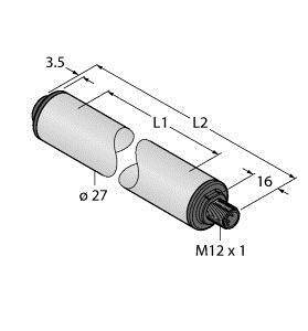 Schematische Darstellung einer zylindrischen, zweiteiligen Rolle mit Maßen: Länge L1 und L2, Durchmesser 27 mm, Schraubengewinde M12 x 1.