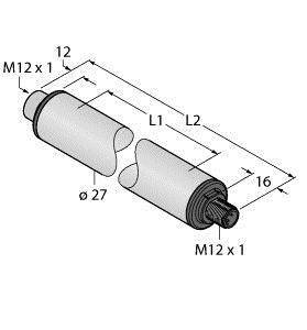 Explosionszeichnung eines rohrförmigen Bauteils mit Maßen: Länge L1, L2, Durchmesser Ø27, Endanschlüsse M12 x 1. Zeigt Zusammensetzung.