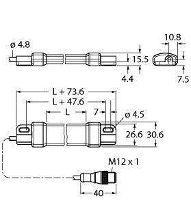 Technische Zeichnung eines zylindrischen Sensors mit M12x1 Gewinde. Maße: Länge 73,6 mm, Durchmesser 10,8 mm, Kabeldurchmesser 4,8 mm.