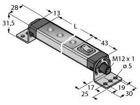 Technische Zeichnung eines rechteckigen Geräts mit den Maßen 28 mm x 43 mm und Anschlüssen. Maße und Gewinde sind angegeben.