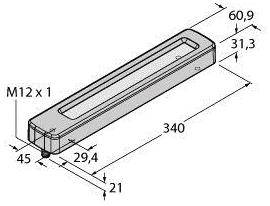 Technische Zeichnung eines rechteckigen Bauteils mit Maßen in Millimetern: Länge 340, Breite 60,9, Höhe 31,3. Anschluss 'M12 x 1'.
