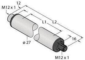 Zwei zylinderförmige Bauteile mit technischen Maßen: Gesamtbreite 12 mm, Durchmesser 27 mm, L1 und L2 getrennt, beidseitiges Gewinde M12 x 1.