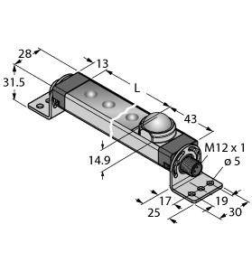 Technische Zeichnung eines zylindrischen Geräts mit Maßen in Millimetern. Maße: Länge 43, Breite 30, Höhe 15. Montagesockel markiert.