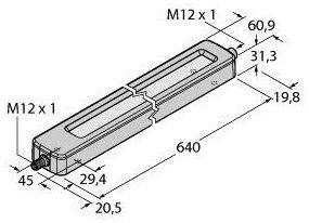 Technische Zeichnung eines länglichen rechteckigen Bauteils mit Maßen: 640 Länge, 60,9 Breite, 31,3 und 19,8 Höhe. Verbindungsstellen M12 x 1.