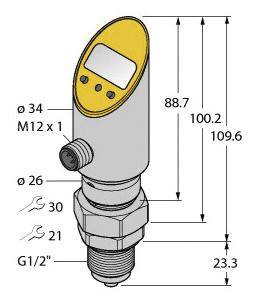Technische Zeichnung eines zylindrischen Sensors mit Maßen. Der Sensor hat ein Display und Anschlüsse, Durchmesser 34 mm, Höhe 109,6 mm.