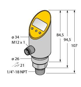 Elektronischer Sensor mit digitalem Display, Anzeigetafel oben. Maße: Gesamt 107 mm Höhe, 34 mm und 26 mm Durchmesser. Anschlüsse: M12 x 1, 1/4