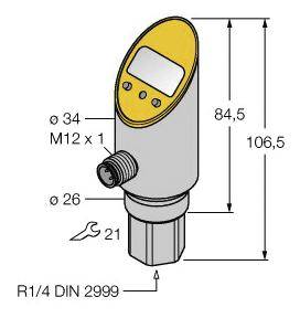 Abbildung eines Sensors mit technischen Maßen: Höhe 106,5 mm, Breite 34 mm, M12 x 1 Anschluss. Unten: 'R1/4 DIN 2999'.