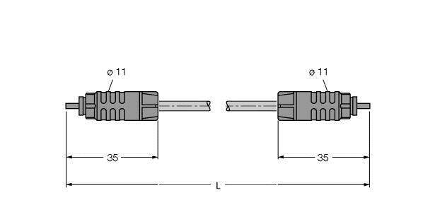 Zeichnung eines Kabels mit zwei Steckern, je 35 mm lang und 11 mm breit. Gesamtlänge als 'L' angegeben.