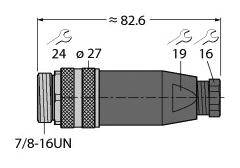 Technische Zeichnung eines Hydraulikadapters mit einer Länge von 82,6 mm. Maße und Gewindeangaben: 7/8-16UN, Schraubenschlüsselgrößen 24, 19, 16 mm.