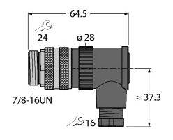 Darstellung eines Winkeladapters mit den Maßen: Länge 64,5 mm, Durchmesser 28 mm, Höhe ca. 37,3 mm, Gewinde 7/8-16UN.
