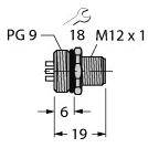 Technische Zeichnung eines Steckverbinders mit Gewinde M12 x 1, Durchmesserangaben 6 und 19 mm, PG 9 und Schlüsselweite 18.