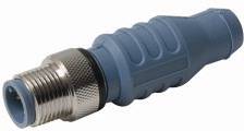 Blauer, geriffelter Stecker mit silbernem Gewinde, geeignet für industrielle oder technische Anwendungen.