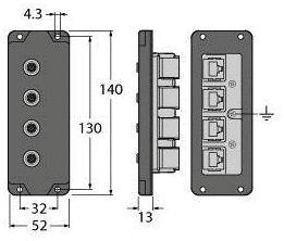 Zeichnung eines rechteckigen Anschlussfelds mit vier Buchsen. Maße in Millimetern: Höhe 140, Breite 32, Tiefe 13.